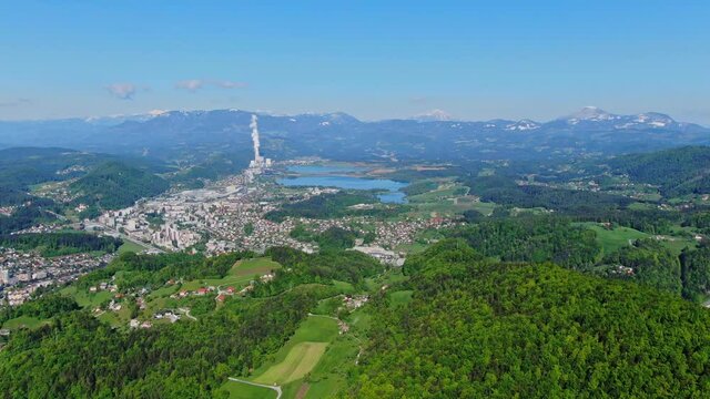 Velenje Lake, the biggest artificial lake in Slovenia. Scenic aerial view