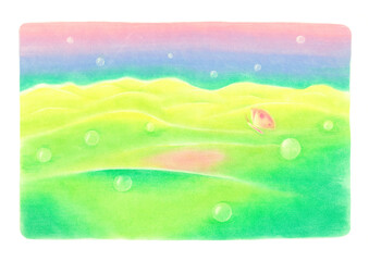 野山をシャボン玉がとんでいる、蝶々も一匹ワンポイントでゆらゆら飛んでいる