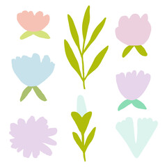 Pack of hand drawn simple pastel vector flowers and plants.
