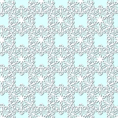 Poster White snowflakes on pale blue background, damask ornament seamless pattern. Paper cut style © adelyne