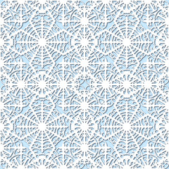 White snowflakes on pale blue background, damask ornament seamless pattern. Paper cut style - 367436832
