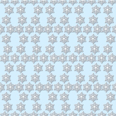 White snowflakes on pale blue background, damask ornament seamless pattern. Paper cut style - 367436843