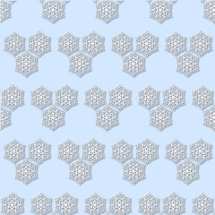 White snowflakes on pale blue background, damask ornament seamless pattern. Paper cut style - 367436864