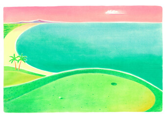 ゴルフ場とビーチと水平線をデザイン的な美しい曲線で表現しゆったりとしたリゾート感を表現