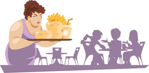 Overweight woman with tray fast food. Funny people