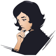 Portrait of attractive pensive girl. Stock illustration.