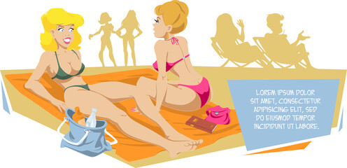 Beautiful girls on beach. Funny people.