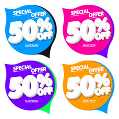 Set Sale 50% off speech bubble banners, discount tags design template, vector illustration