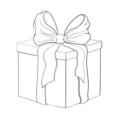 Beautiful hand drawn gift box isolated on white. Line drawn present icon with lush bow and ribbon. wrapped gift sketch illustration. Vector black and white line art. Silhouette of square box.