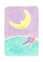 地球とキラキラした夜空をバックに、三日月からブランコに乗って楽しんでいるカップル