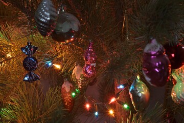 Soviet Christmas tree decorations and a garland hung on the tree