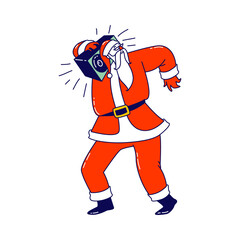 Cool Santa Claus in Red Traditional Costume Listening Music on Tape Recorder and Dancing. Funny Christmas Character