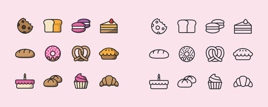 Bakery icon set. Bakery collection of simple outline signs. Fresh baking symbol in flat style. Toast, baguette, bun contour flat icons design. Isolated on white concept vector Illustration