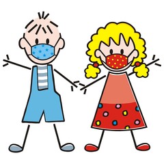 boy and girl at protective mask, color vector illustration on white background.