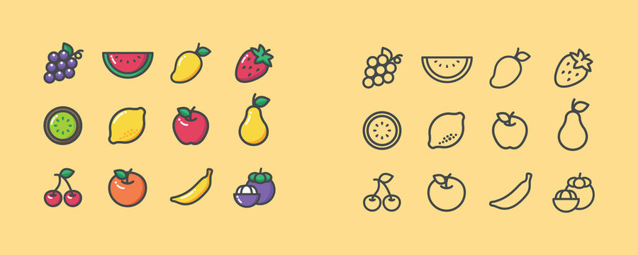 Fruits, exotic fruits, vegetarian - flat style web icon set. Included the simple vector icons as mango, apple, banana, pear, lime. Outline icons collection.