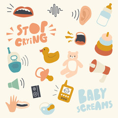 Icons Set, Child Themed Background with Baby Crying and Stop Scream Typography, Pacifier, Baby Monitor and Soft Bear