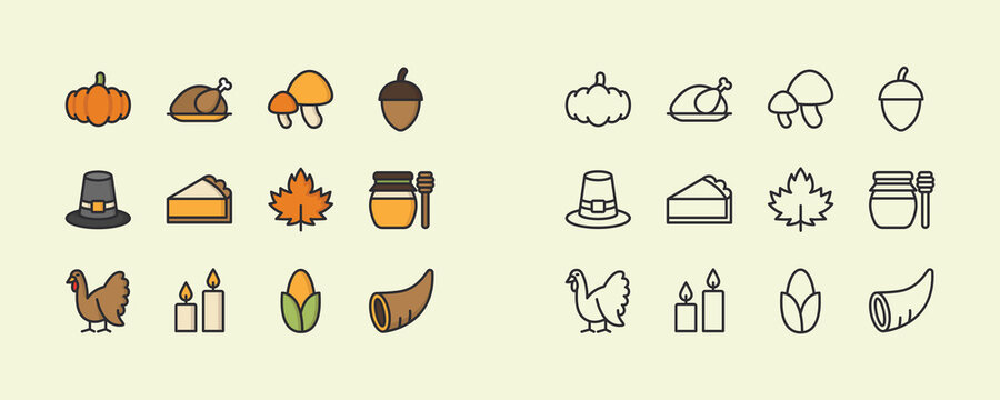 Thanksgiving day icons. Flatstyle thanksgiving day symbols.