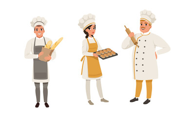 Bakers Characters Set, Cheerful People in Uniform Baking Bread Cartoon Style Vector Illustration
