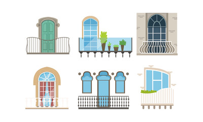 Fototapeta premium Windows with Balconies of Different Styles Set, Classic and Modern House Exterior, Building Facade Design Vector Illustration
