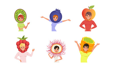 Happy People in Various Fruit Hats Set. Smiling Men and Women Wearing as Kiwi, Blueberry, Apple, Raspberry, Rambutan, Kiwano Cartoon Style Vector Illustration