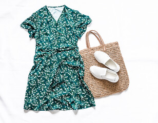 Summer women's clothing set - boho dress on the smell, straw tote bag, white leather sneakers on a...