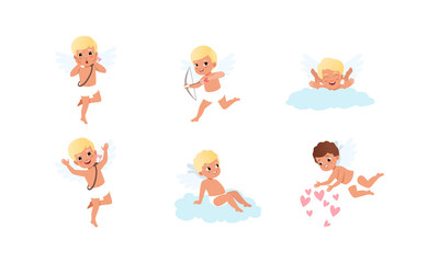Happy Lovely Cupid Boys Characters Set, Adorable Baby Angels Cartoon Style Vector Illustration