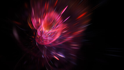 Abstract red and purple blurred rays. Holiday background with fantastic light effect. Digital fractal art. 3d rendering.