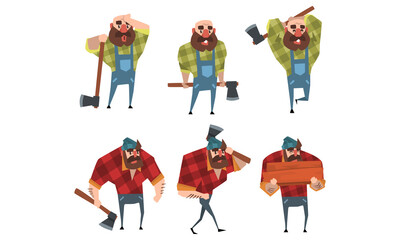 Lumberjack in Different Poses Set, Strong Woodcutter Cartoon Character Holding Axe in his Hands at Work Style Vector Illustration