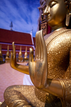 Closeup, hands golden Buddha beautiful
