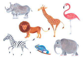 Watercolor cute realistic set of African animals lion, flamingo bird, giraffe, elephant, zebra, rhino, chameleon.
