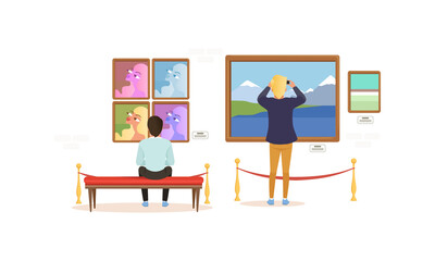 Exhibition Visitors Viewing Photos on Wall, People Visiting Modern Art Exhibition Gallery Cartoon Style Vector Illustration