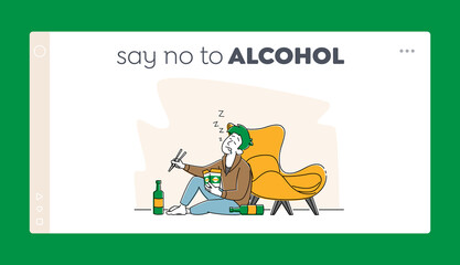Obraz na płótnie Canvas Man Alcoholic, Alcoholism Addiction Bad Habit Landing Page Template. Drunk Male Character with Wok Box Sleeping on Floor