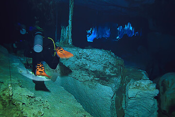 diving in the cenotes, mexico, dangerous caves diving on the yucatan, dark cavern landscape underwater