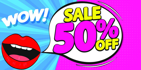 Sale 50% off, wow offer, poster design template, discount banner, end of season, vector illustration