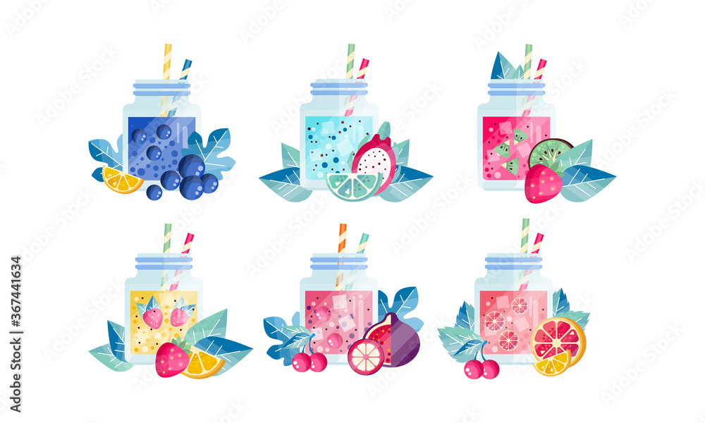 Wall mural Summer Fruit Smoothie Drinks Set, Fresh Healthy Drinks with Ripe Fruits Vector Illustration