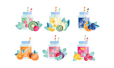 Summer Fruit Smoothie Drinks Set, Fresh Healthy Drinks with Ripe Fruits, Kiwi, Strawberry, Blueberry, Orange, Peach, Lime Vector Illustration