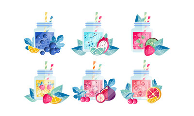 Fototapeta na wymiar Summer Fruit Smoothie Drinks Set, Fresh Healthy Drinks with Ripe Fruits Vector Illustration