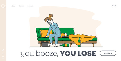 Substance Abuse Landing Page Template. Woman with Hangover Syndrome Sit on Bed with Bottles and Basin after Party Booze