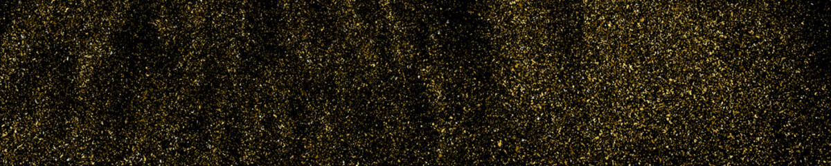 Gold glitter texture isolated on black. Amber particles color. Celebratory panoramic background. Golden explosion of confetti. Long horizontal banner. Vector illustration, EPS 10.