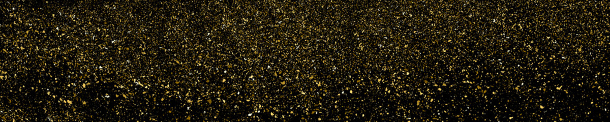 Gold glitter texture isolated on black. Amber particles color. Celebratory panoramic background. Golden explosion of confetti. Long horizontal banner. Vector illustration, EPS 10.
