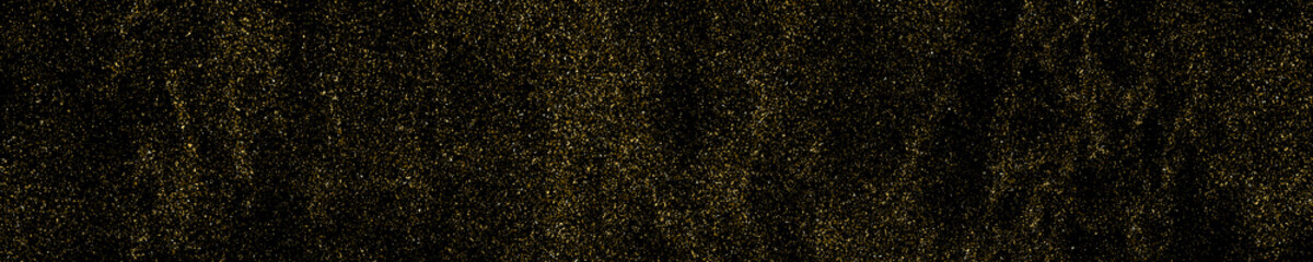 Gold glitter texture isolated on black. Amber particles color. Celebratory panoramic background. Golden explosion of confetti. Long horizontal banner. Vector illustration, EPS 10.