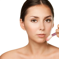 Makeup artist do mascara to beauty young woman. Professional facial brush. Closeup girl face...