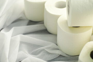 Toilet paper in a roll. Snow-white soft three-layer toilet paper. Lack of hygiene products. Primary protection and disinfection.