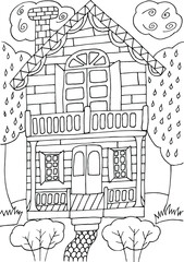coloring antistress house with trees, bushes and clouds
