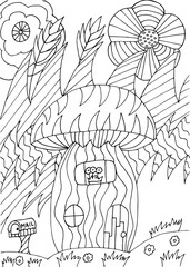 coloring book antistress mushroom house in the tall grass with flowers