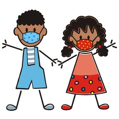 African boy and girl at protective mask, color vector illustration on white background.