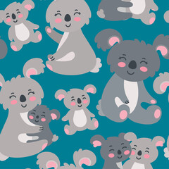 Seamless pattern with koala family on blue background. Happy koalas parents and two children, hugs and love. Vector illustration in cute flat style © liu_miu