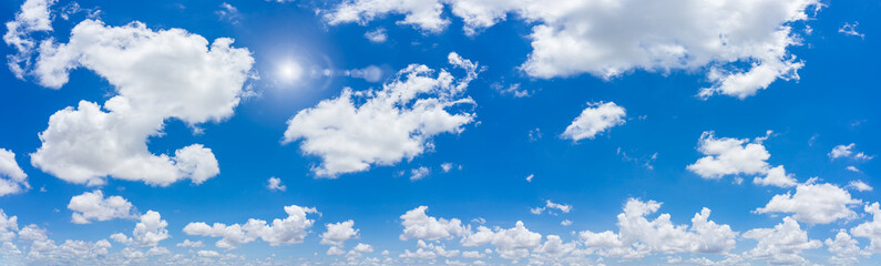Panorama blue sky and clouds with sun and daylight natural background.