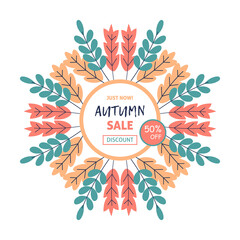 Obraz premium Autumn sale concept design with flat leaves background