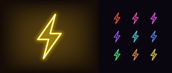 Neon lightning flash icon. Glowing neon thunder bolt sign, electrical discharge - obrazy, fototapety, plakaty